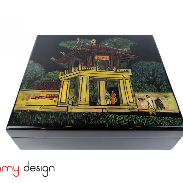 Black rectangular lacquer box carved the Temple of Literature with 8 ...