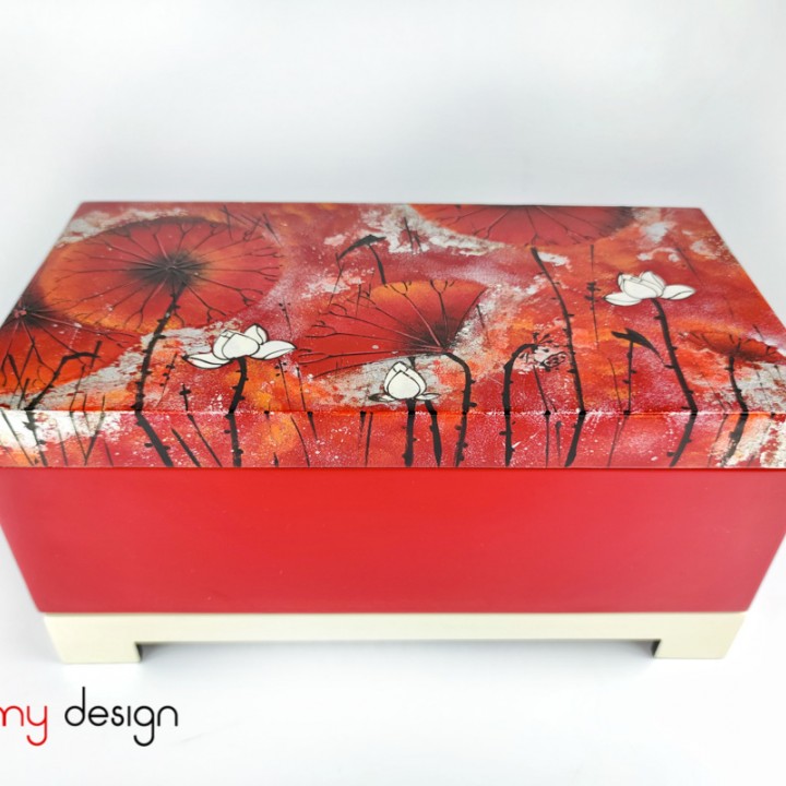 Red rectangle lacquer box hand-painted with lotus pond included with ...