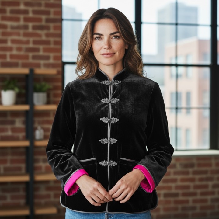 Black velvet coat with plaited buttons
