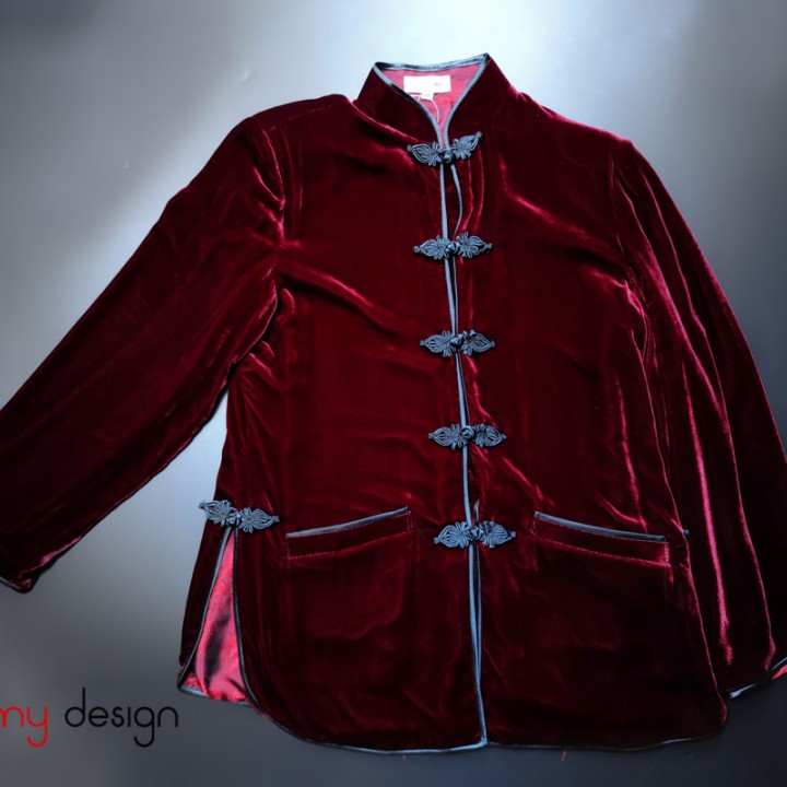 Red velvet coat with plaited buttons