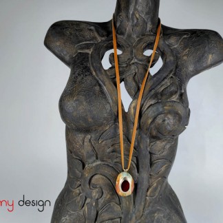 Necklace designed with leather strap, stone pendant attached with silver