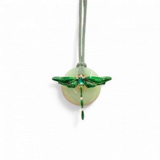 Necklace designed with marble and green metal dragonfly pendant