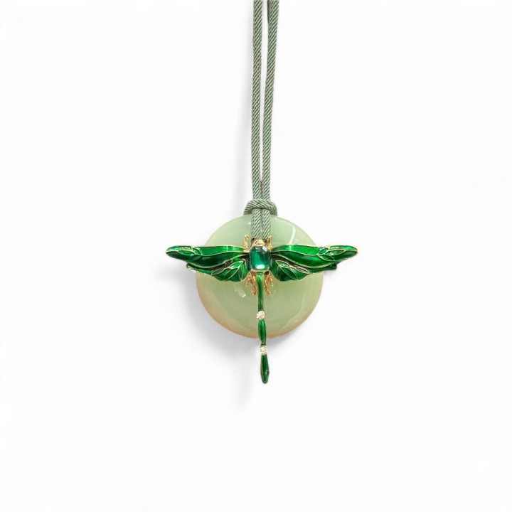 Necklace designed with marble and green metal dragonfly pendant