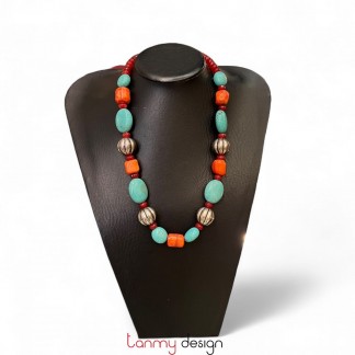 Necklace designed with Turquoise, Coral, Silver metal