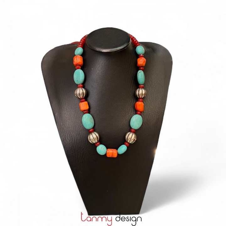 Necklace designed with Turquoise, Coral, Silver metal
