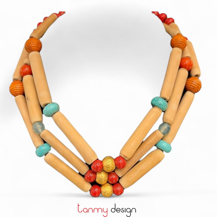 Necklace designed with wooden beads, ceramic beads mixed with blue stone
