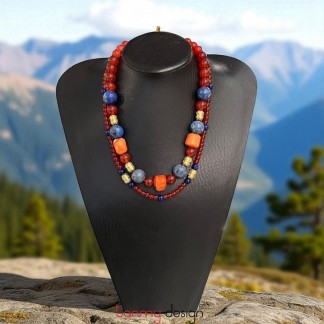 Vòng cổ thiết kế hạt đá Lapis xanh phối mã não cam, san hô cam