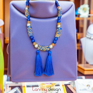 Necklace designed with African stone, agate and blue tassel
