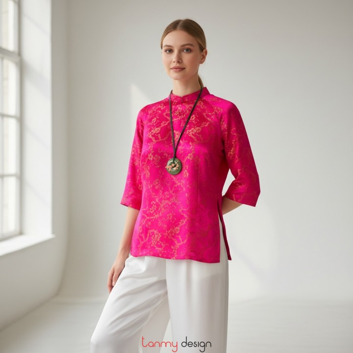 Vòng cổ đá cẩm thạch xanh, bông hoa kim loại màu hồng, dây da xanh