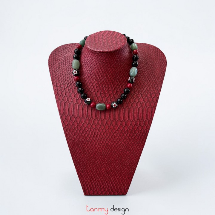 Necklace with Onyx cord, green Amazonite, and black ceramic beads