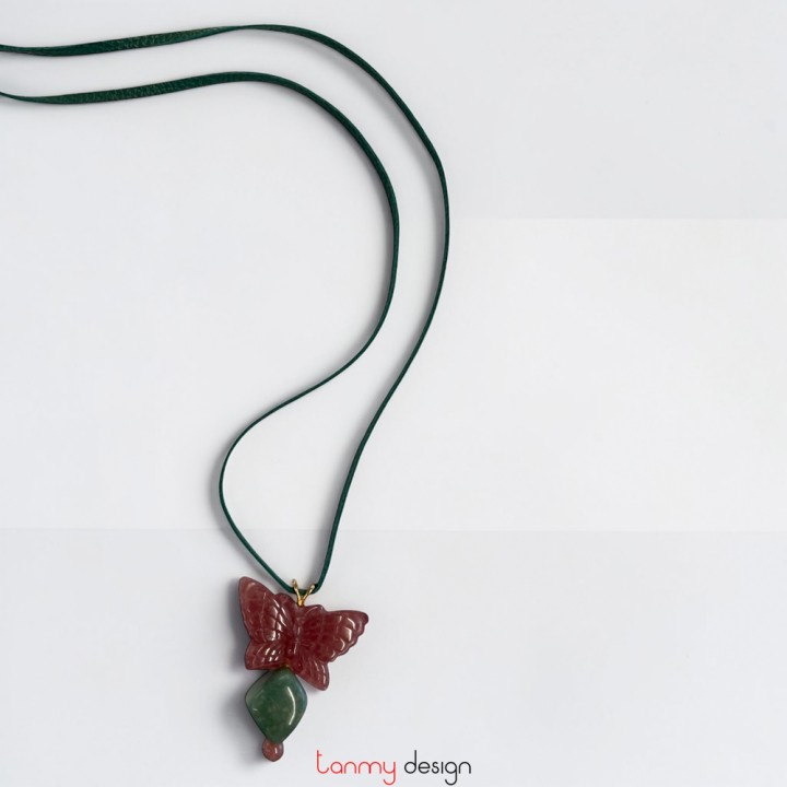 Butterfly-shaped strawberry quartz pendant necklace with Amazonite, gold-plated silver, and the leather cord