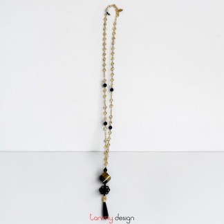 Square plastic pendant necklace with gold metal chain and black crystal beads