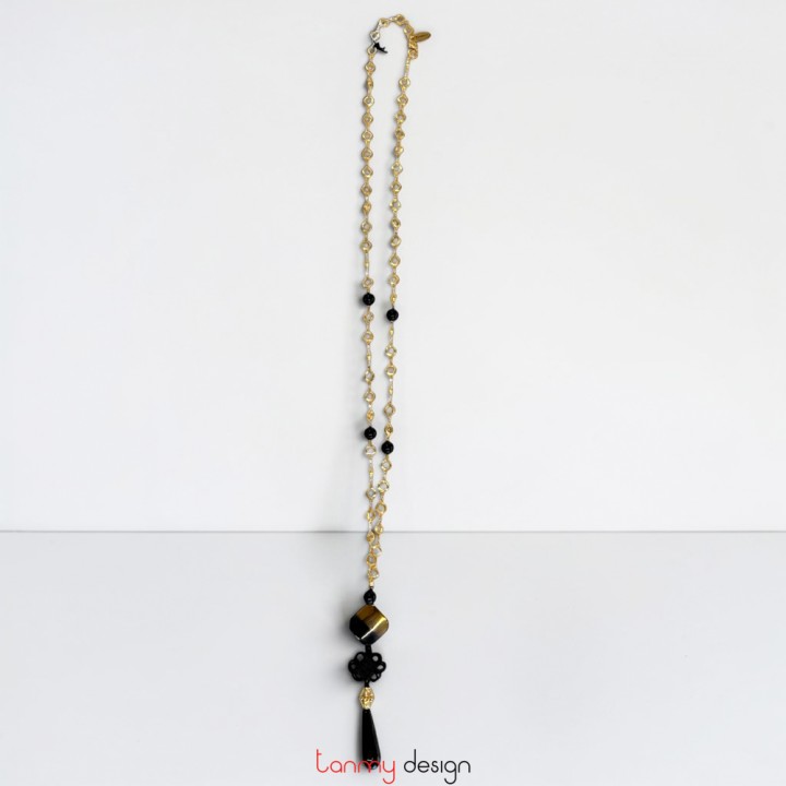 Square plastic pendant necklace with gold metal chain and black crystal beads