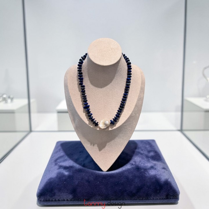 Flat Lazurite and Pearl Necklace