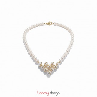 Vòng cổ ngọc trai mặt phối hình tam giác quấn vàng 14k