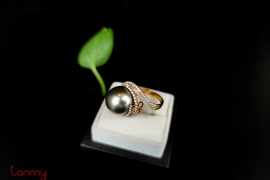 18k Gold Ring attached with diamond and Tahitian pearl Pendant