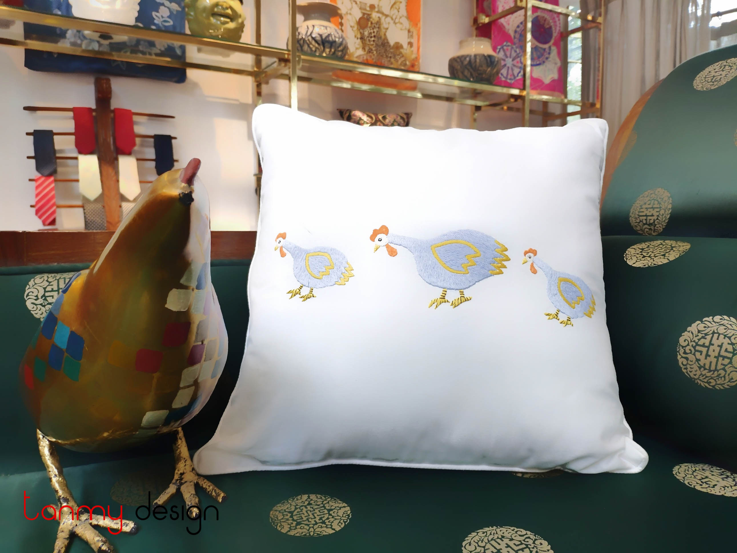 Cushion cover - hand embroidered with chicken
