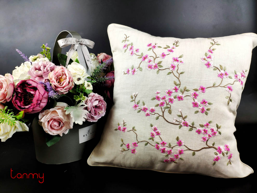 Cushion cover - Pink string peach blossom embroidery