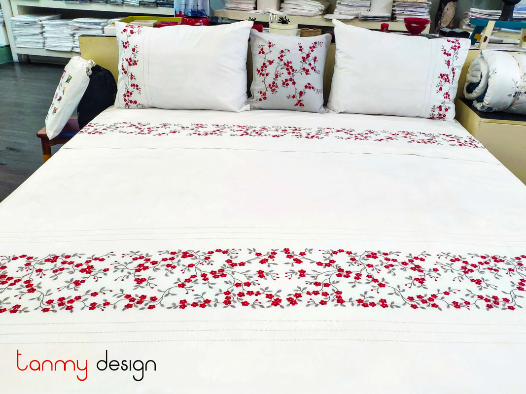 King size duvet cover embroidered with red string peach blossom