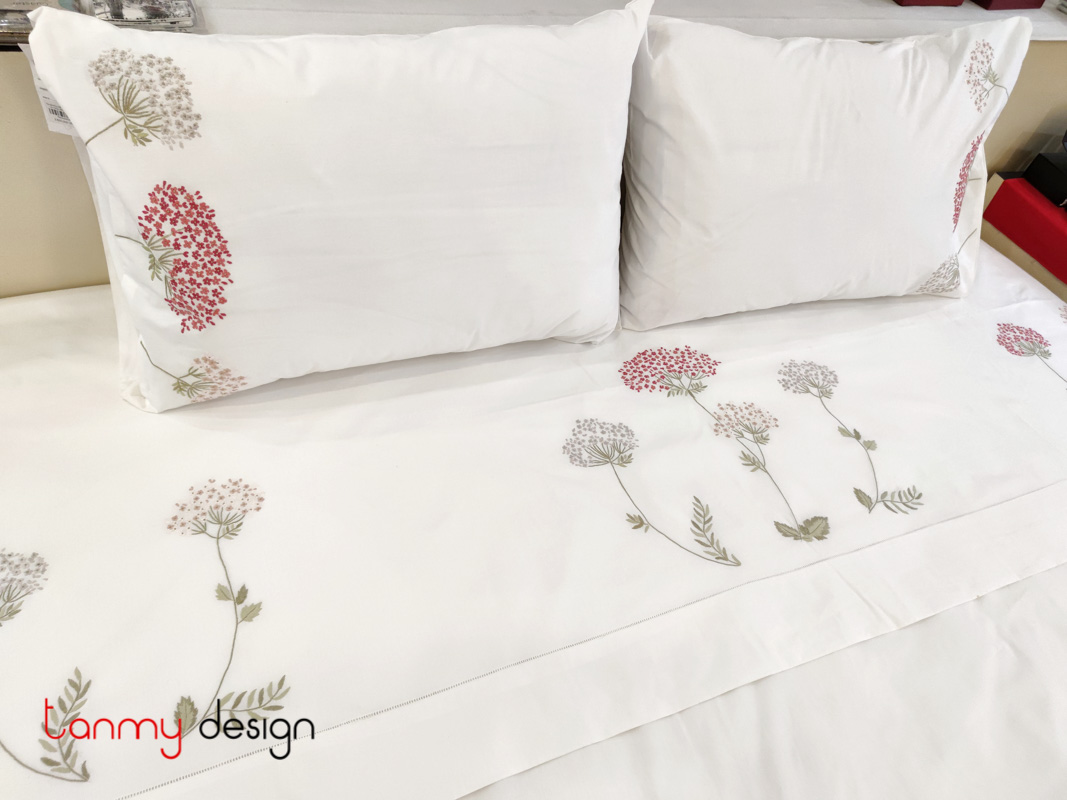 Queen size bed sheet with 2 pillowcases (50x70cm) - hydrangea flower embroidery