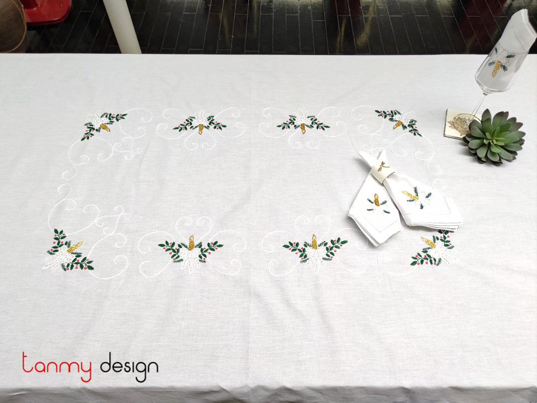 Khăn trải bàn chữ nhật (250x150cm) gồm 12 khăn ăn - thêu nến giáng sinh vàng