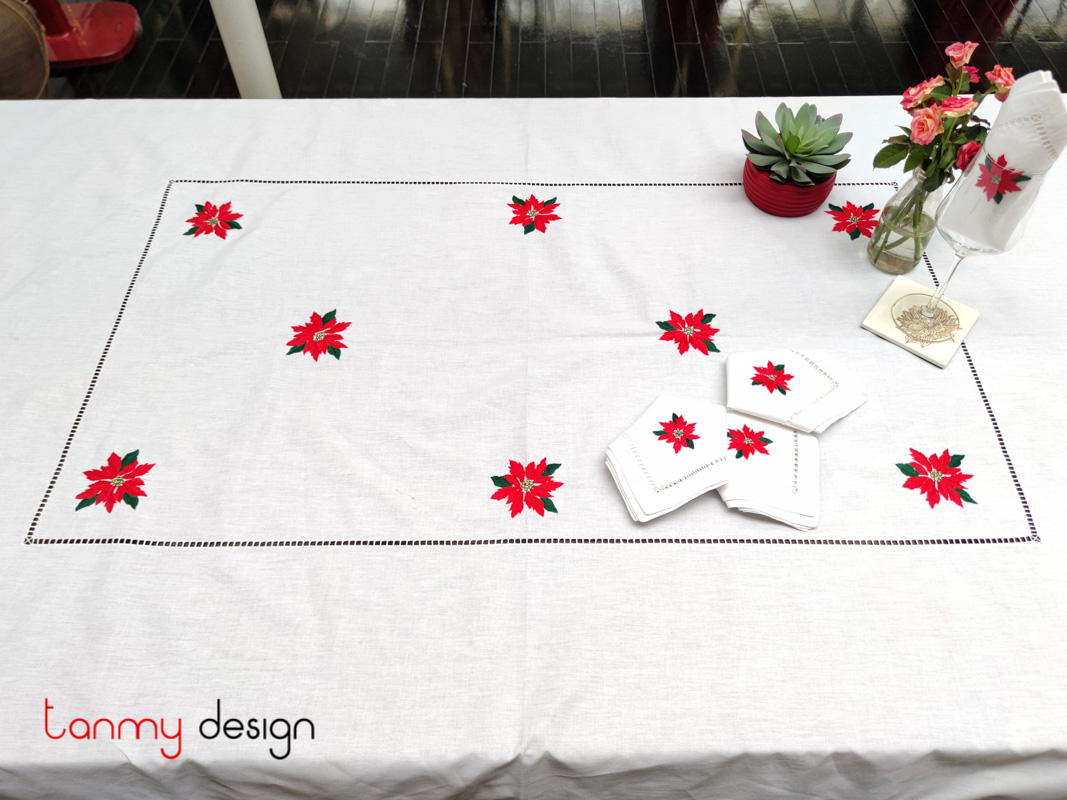 Khăn trải bàn chữ nhật Noel (200x150cm) gồm 8 khăn ăn - thêu hoa đỏ