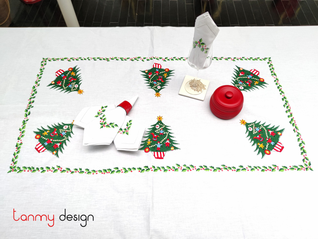 Khăn trải bàn chữ nhật Noel (300x180 cm) gồm 8 khăn ăn - thêu thông mỹ