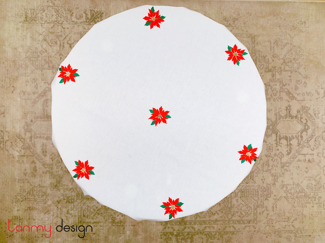 Khăn trải bàn tròn noel (180cm) gồm 8 khăn ăn - thêu hoa trạng nguyên đỏ