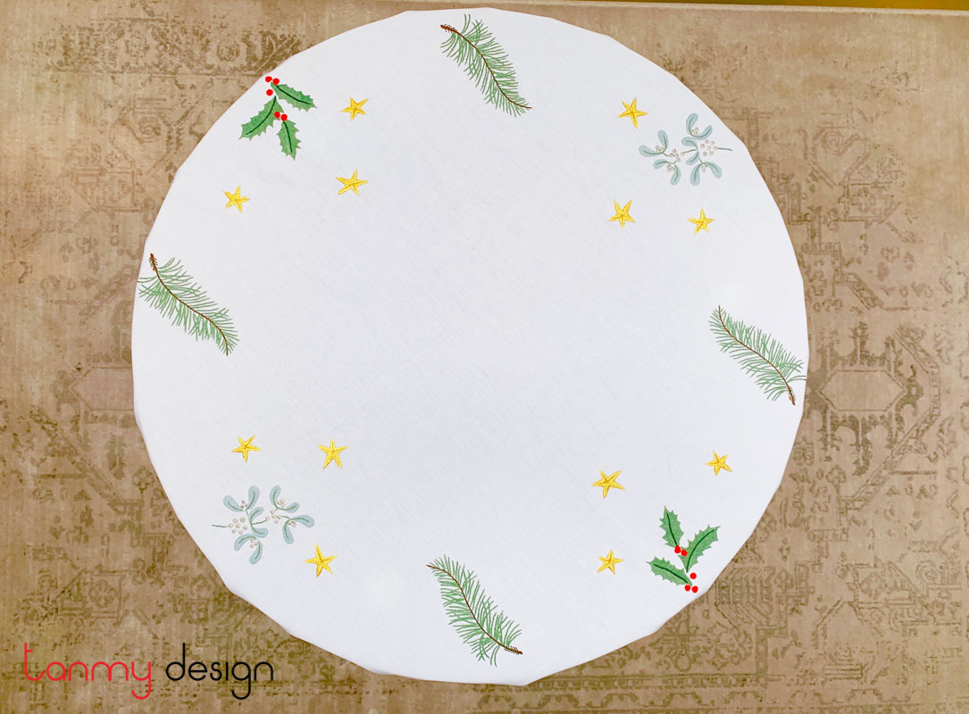 Christmas round table cloth included with 12 napkins-Pine leaf embroidery (size 230 cm)