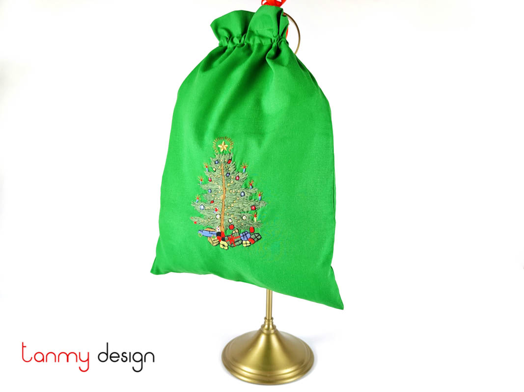 Túi quà Noel xanh thêu tay cỡ lớn-thêu cây thông và hộp quà