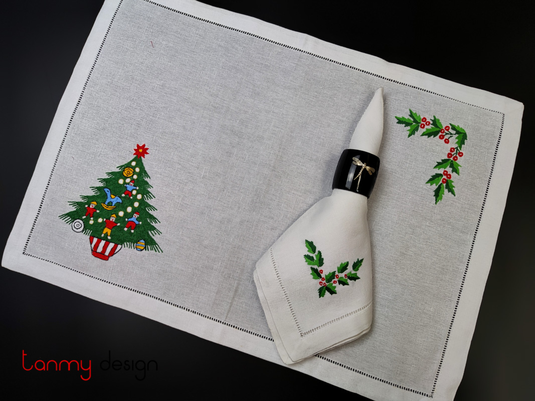 Christmas placemat & Napkin set-Pine tree embroidery