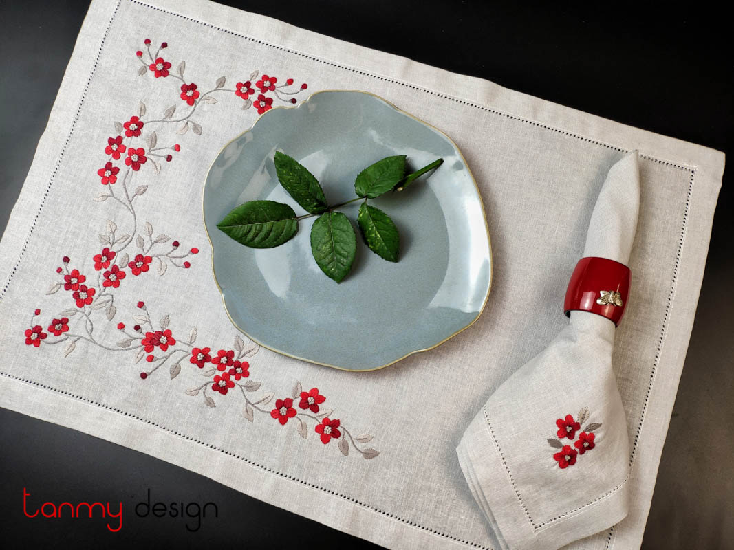 Placemat & Napkin set -red/pink string peach blossom embroidery