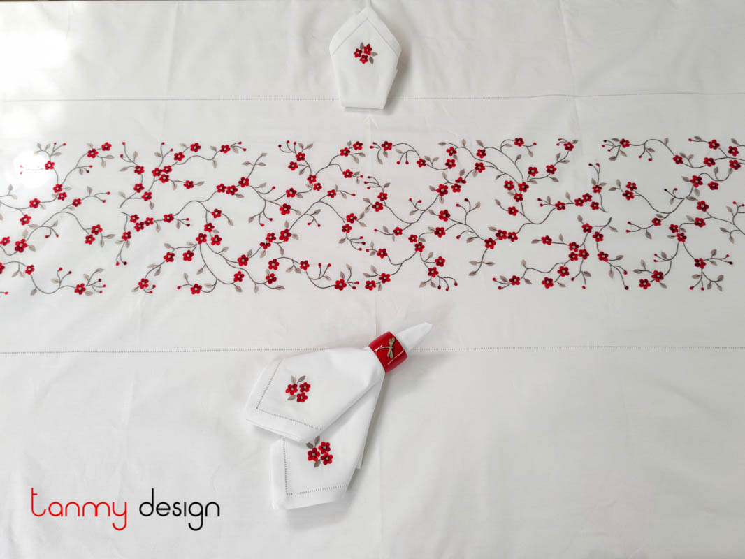  Rectangle red string peach blossom embroidered table cloth (250x150cm) - include 12 napkins