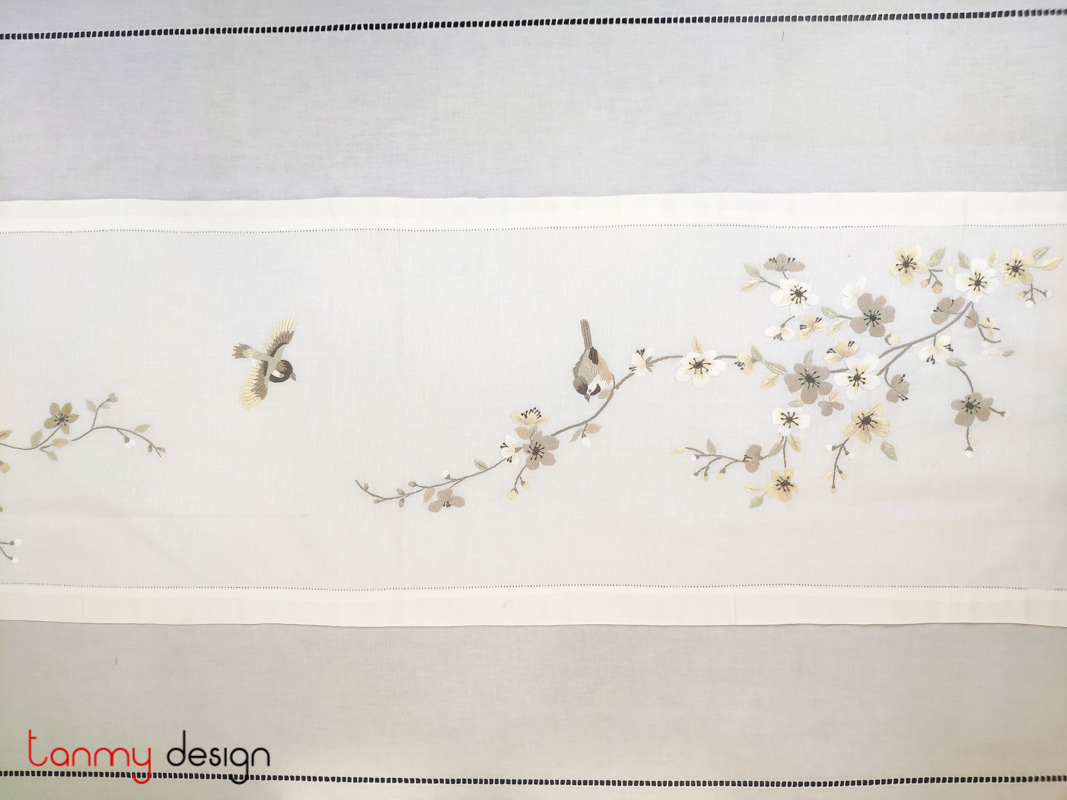 Table runner -grey apricot blossom embroidery