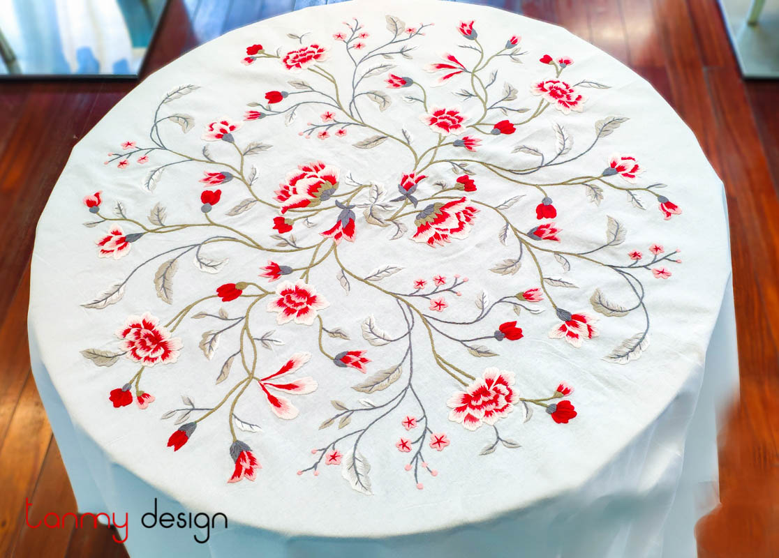 Round table cloth-  Camellia flower embroidery (size 180 cm)