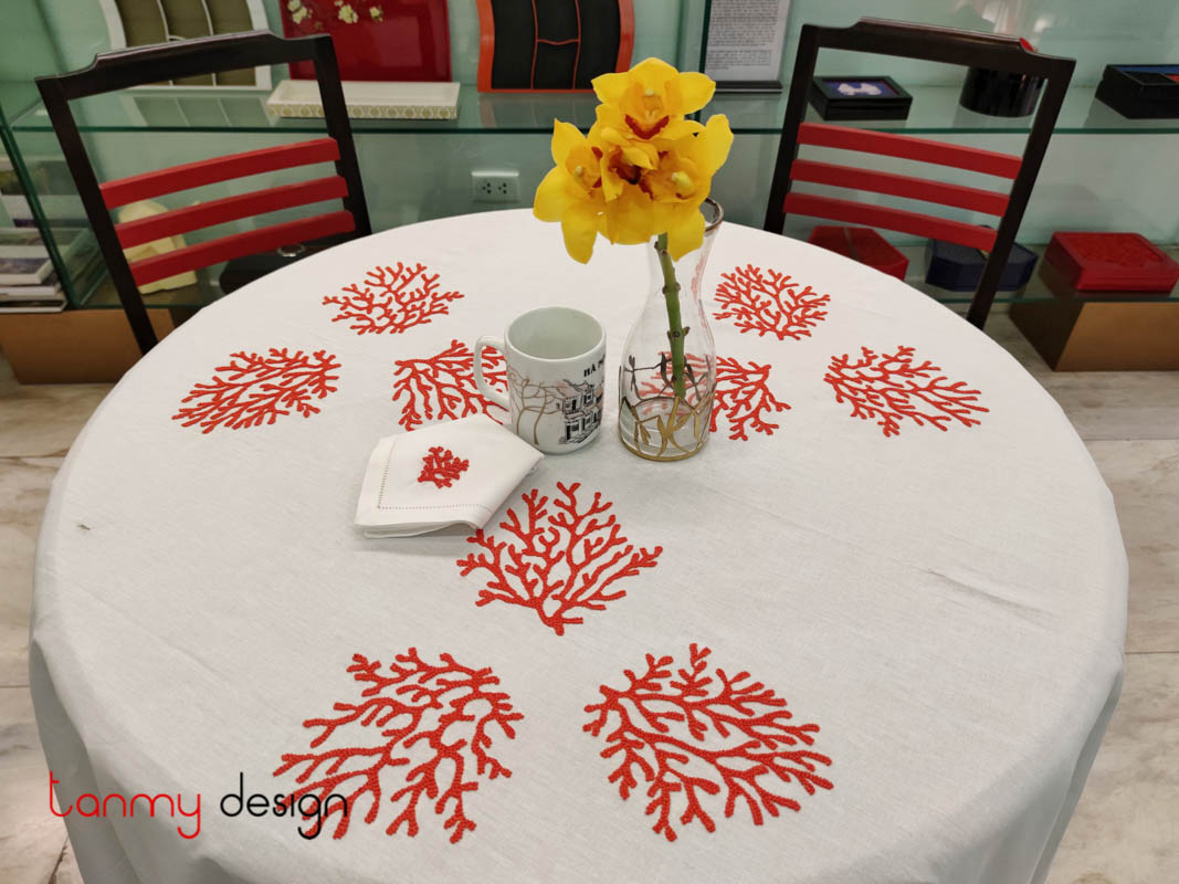 Round table cloth- Red coral embroidery (size 230 cm)