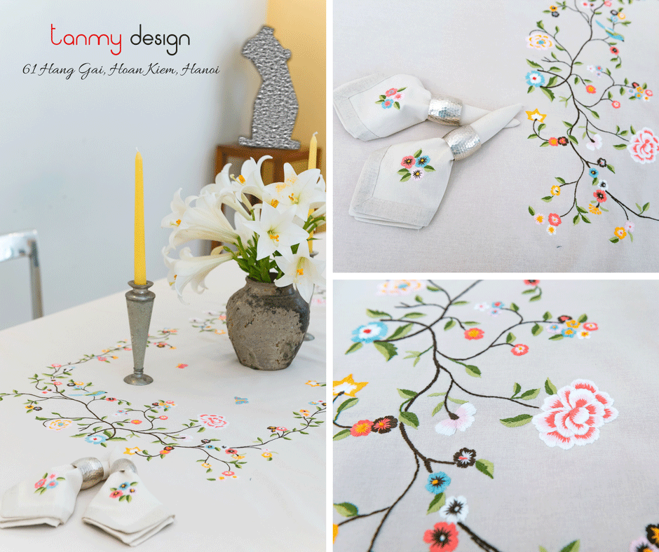 Rectangle peach blossom embroidered table cloth (400x200cm) - include 14 napkins (order)