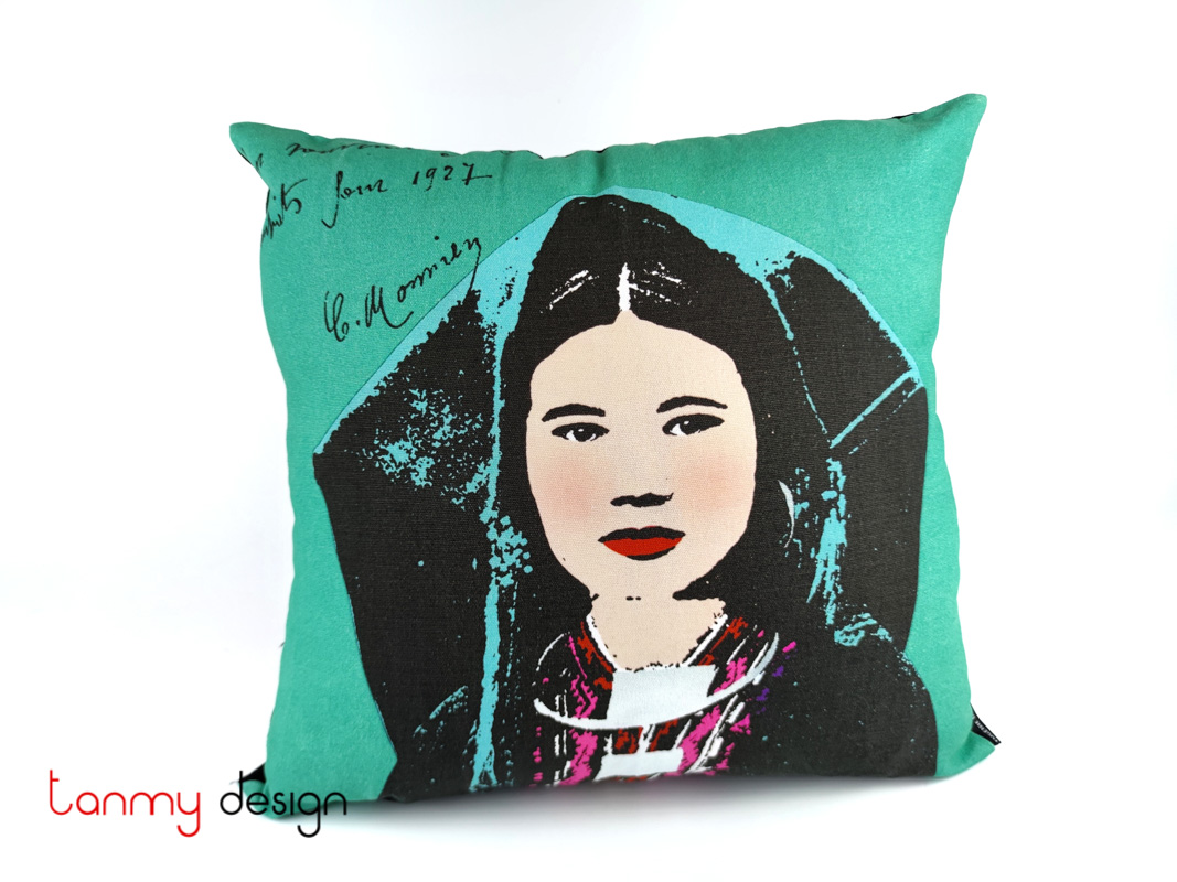 Cushion cover printed Vietnamese ethnic woman- Miss Lam/ blue parma