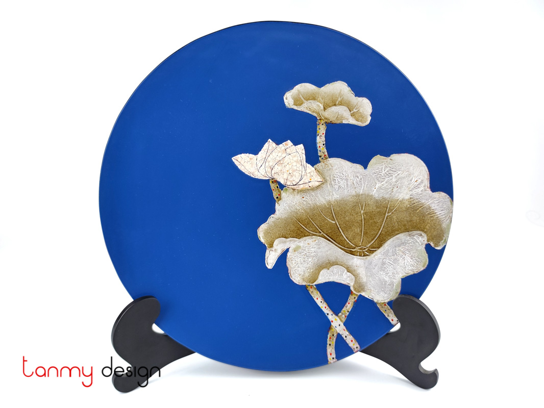 Blue round lacquer dish attached with eggshell lotus included with stand 30 cm