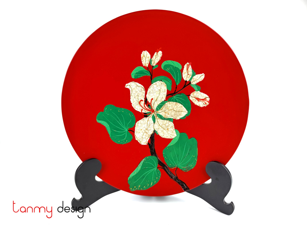 Red round lacquer dish attached with eggshell Ban flower 30 cm( not included with stand)