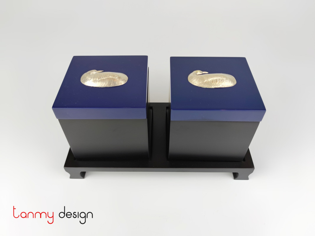 Set of 2 black square boxes 9 cm with blue lid with penguin and stand