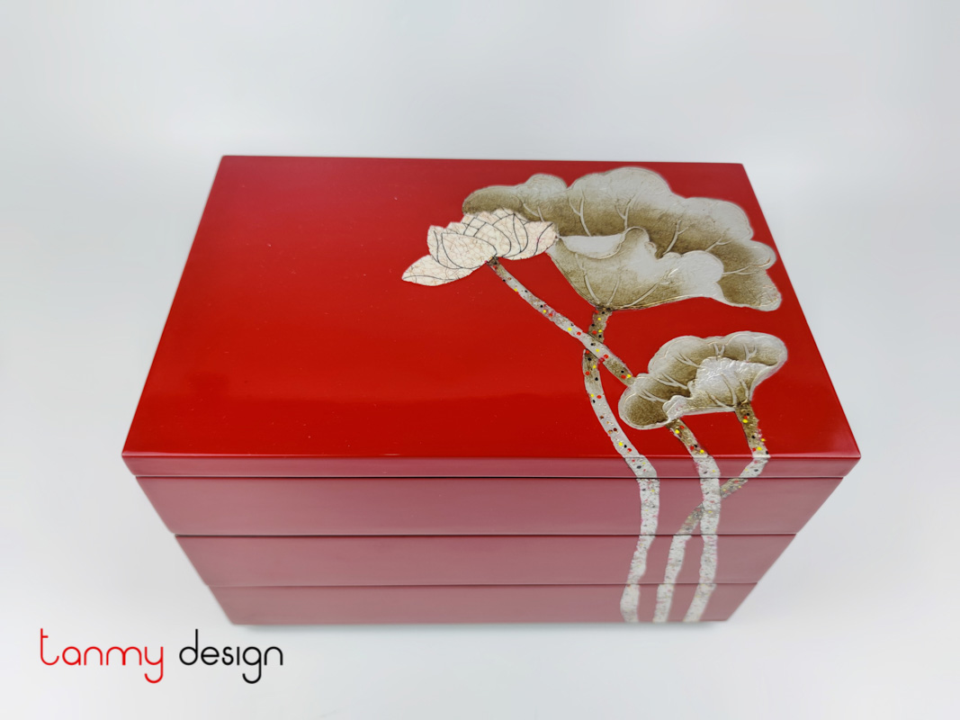 3 tier square box hand-painted with lotus 20*30cm