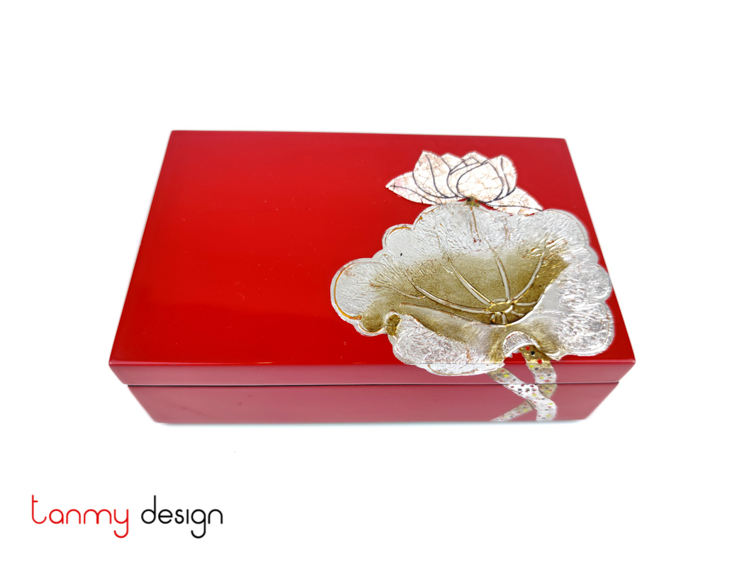 Red rectangular lacquer box hand-painted with lotus 11*17*H5 cm