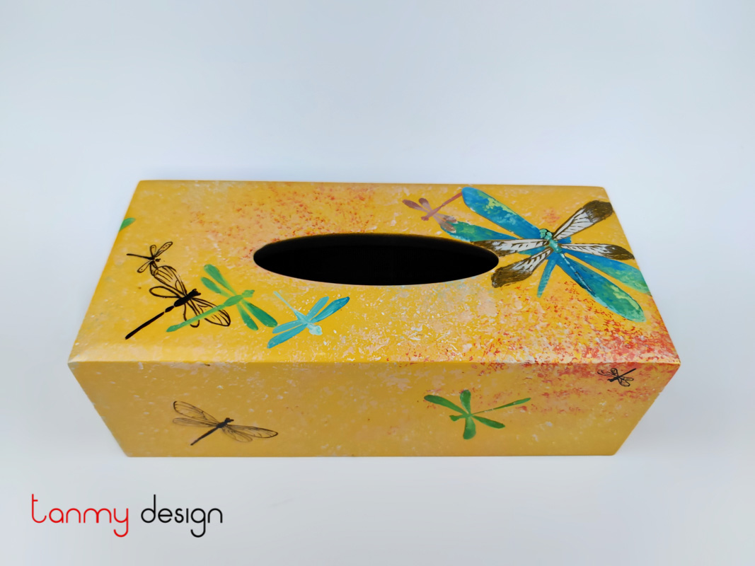 Yellow tissue box hand-painted with dragonfly 12*25cm