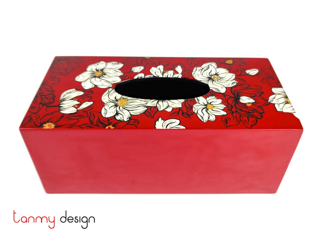 Red tissue box hand-painted with white flowers 12*25cm
