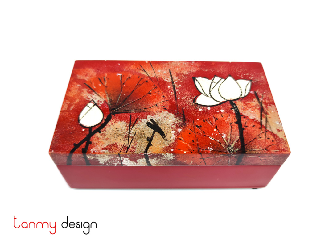 Red rectangular lacquer box hand-painted with lotus pond 8*14*H5 cm