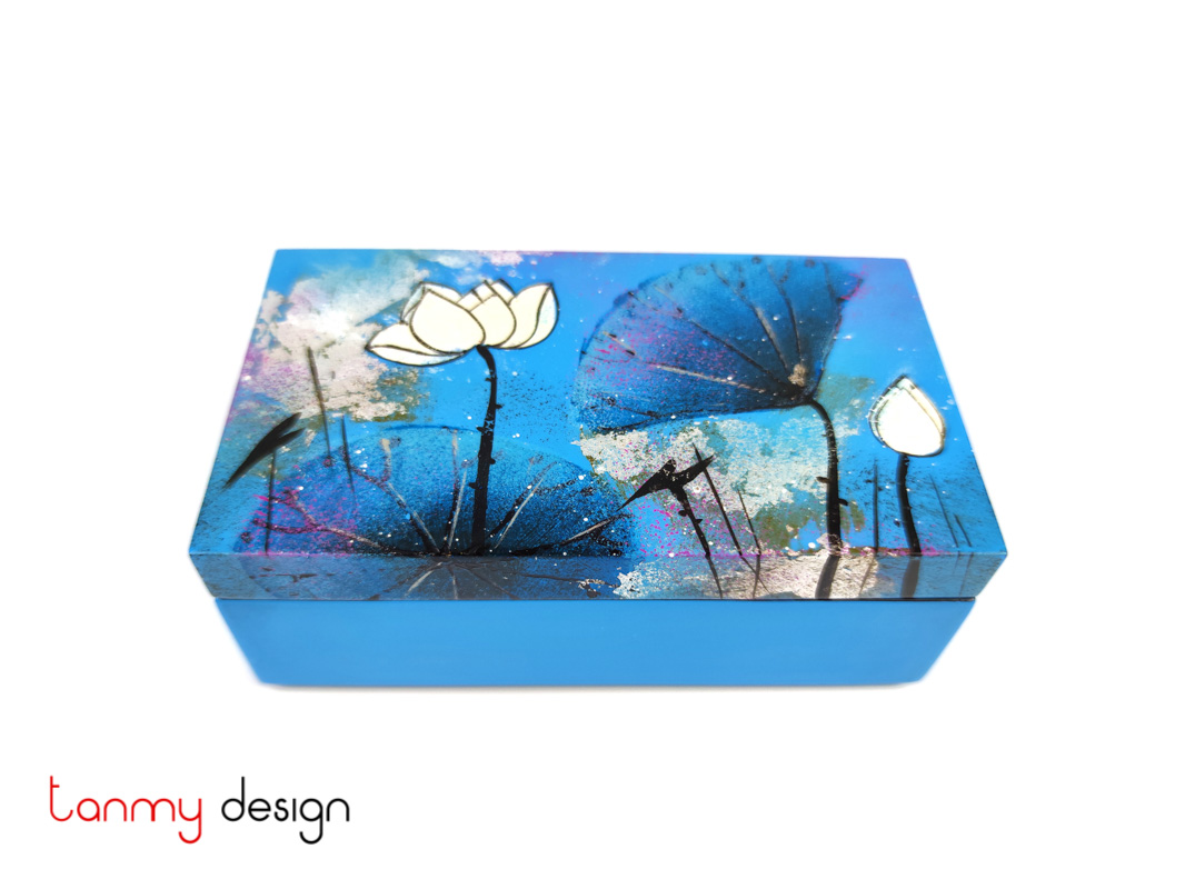 Blue rectangular lacquer box hand-painted with lotus pond 8*14*H5cm