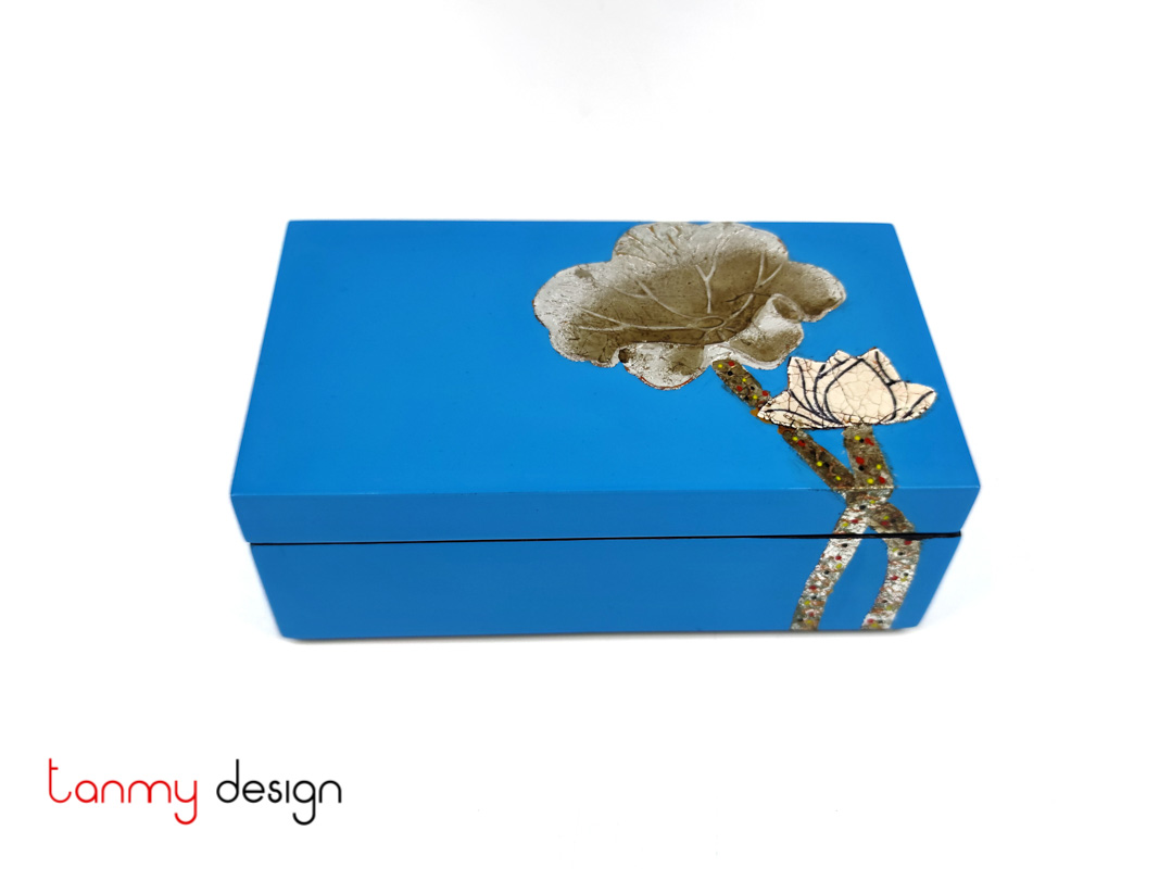 Blue rectangular lacquer box hand-painted with lotus 8*14*H5 cm