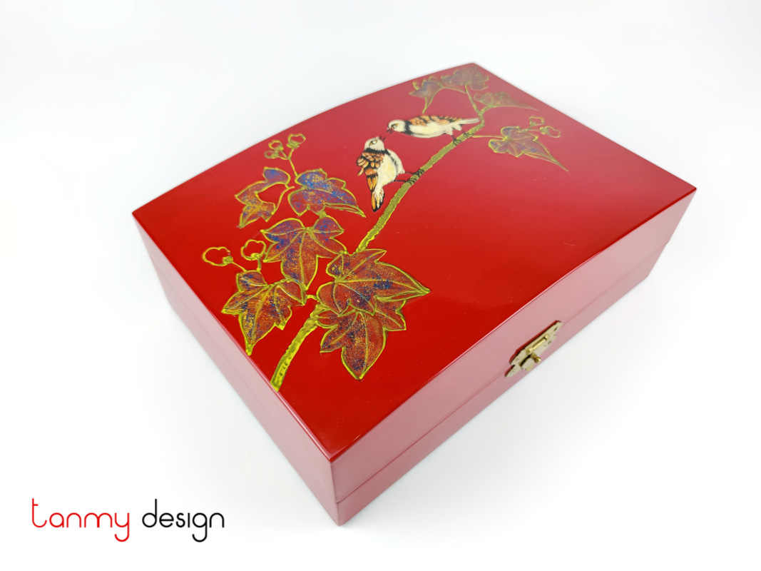 Red lacquer box with curved lid hand-painted with birds on the branch 30*22*H11cm