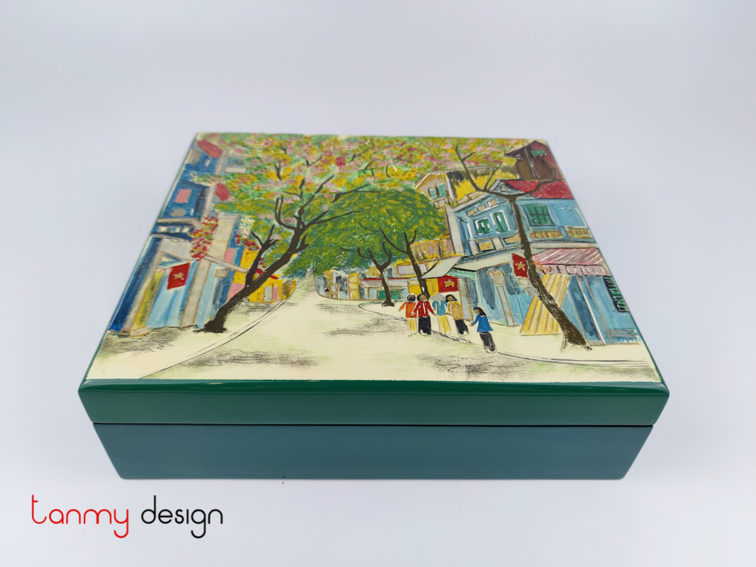 Green rectangular lacquer box engraved with Hanoi Old Quarter painting 27*30cm